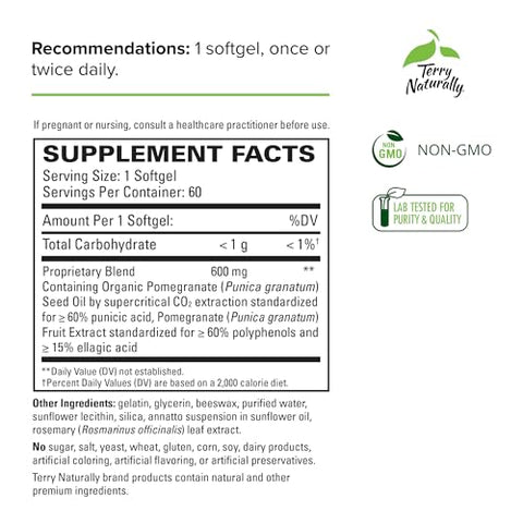 Óleo de Semente de Romã Terry Naturally – 60 Softgels – Poder Protetor Celular – Não-OGM, Livre de Glúten – 60 Porções