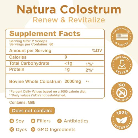 Natura Nutrition - Natura Colostrum em Pó: 400 Nutrientes Funcionais, Aprovado por Médicos, Orgânico dos EUA, Normas do USDA, Saúde Intestinal, Combate ao Inchaço e Reforço Imunológico