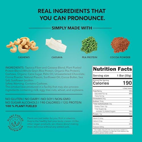 Barra de Proteína Vegana, Sabor Cookie Dough, Sem Glúten, Proteína à Base de Plantas, Sem Laticínios, Não-OGM, Sem Soja, Sem Álcoois Açucarados, 12g de Proteína, 13g de Fibra, 23g de Carboidratos, Saudável e Deliciosa - TRUBAR