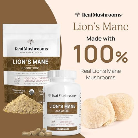 Cápsulas de Lion’s Mane da Real Mushrooms – Extrato Orgânico de Cogumelo do Leão para Função Cognitiva