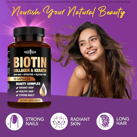 NEW AGE - Vitaminas para o Crescimento Capilar – Biotina Colágeno Queratina Ácido Hialurônico 50.000mcg para Homens e Mulheres, Unhas, Cabelo, Pele e Bloqueador de DHT com Vitamina E Ácido Fólico Semente de Abóbora MSM