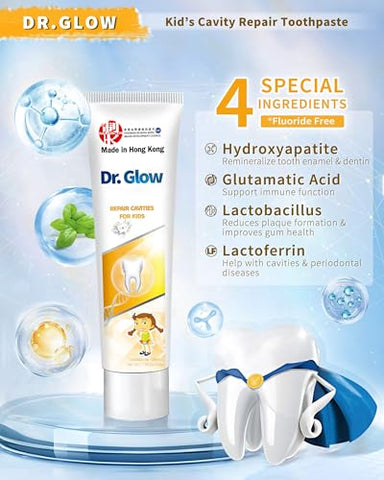 Dr. Glow - Creme Dental Infantil Reparador de Cáries, Creme Dental de Hidroxiapatita sem Flúor, Creme Dental Remineralizante para Reparar Dentes de Crianças, Tratamento para Combater a Cárie Infantil com Sabor de Frutas