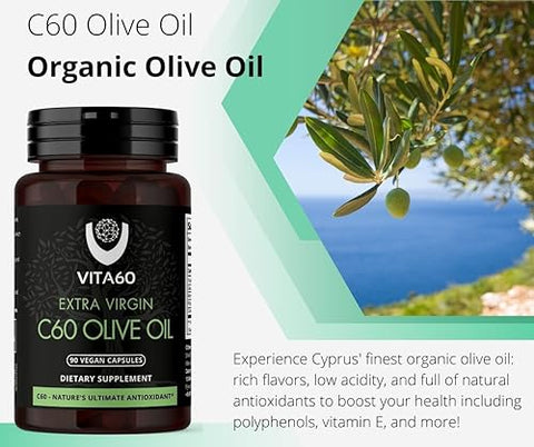 VITA60 - Cápsulas de Óleo C60 | Vitalidade Antienvelhecimento e Suporte Antioxidante | C60 Puro 99,99% Livre de Solventes | Óleo Orgânico | Amigável aos Veganos | Atendimento ao Cliente Superior (Azeite)