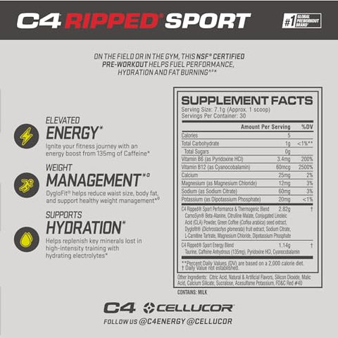 C4 Ripped Sport Pré-Treino em Pó Sabor Frutas Vermelhas – Certificado NSF para Esportes, Energético Pré-Treino Sem Açúcar para Homens - Cellucor