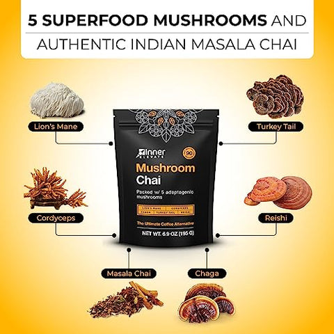 Mushroom Chai – Bebida de Chá de Cogumelo Adaptogênico com Lion’s Mane, Cordyceps, Chaga, Reishi, Turkey Tail (90 Porções) - Inner Elevate