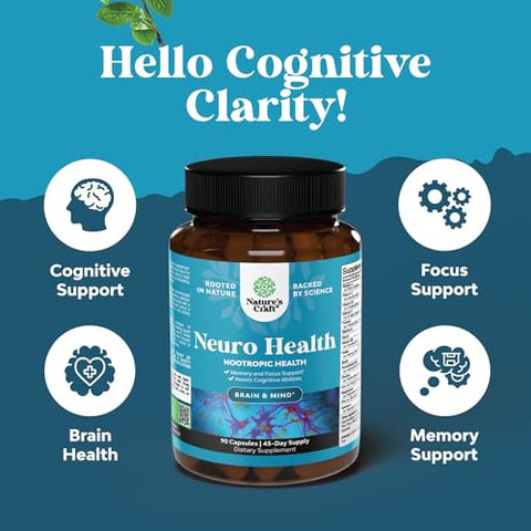 Natures Craft - Suplemento Avançado de Suporte Cerebral com Nootrópicos – Energia Mental Sinérgica e Foco com Vitaminas para Melhora Cognitiva – Suplemento para Mente e Memória – Marca: Brain+