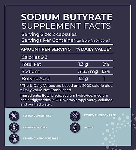 Suplemento BodyBio Gut Health 100 Cápsulas – Sódio de Butirato | O Melhor Pós-biótico | Sem Inchaço | Sem Gases | Ótima Digestão | Suporte para Saúde Digestiva | Reparo do Intestino Permeável | Sem