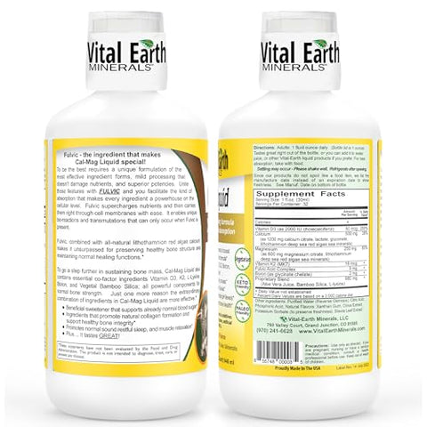 Cal-Mag Líquido – Suplemento de Cálcio e Magnésio com Vitamina D3, K2, Boro e Ácido Fúlvico para Absorção Rápida, 32 Oz (946 ml) por Copo de 1 Oz (30 g) - Vital Earth Minerals