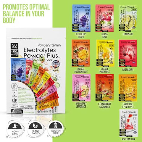 PowderVitamin - Electrolytes Powder Plus Keto: Pack Variado, Zero Açúcar, 1000mg de Potássio, 120mg de Cálcio, 120mg de Magnésio, Não-OGM, Zero Calorias, 30 Pacotes de Hidratação