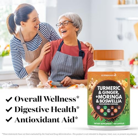 Superfood MD - Turmeric Curcumin 30000mg Ginger 3000mg Moringa 50000mg Boswellia 3000mg Saffron 2000mg Holy Basil – Suporte Articular para Mulheres e Homens com Canela do Ceilão, Quercetina, 100% Natural