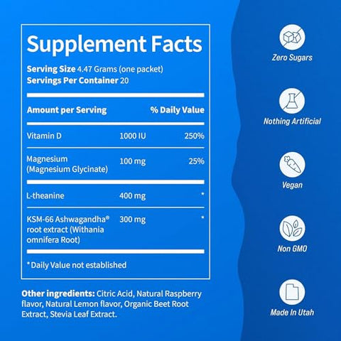 Supercalm: Pó para Bebida de Framboesa Limonada, L Teanina, Ksm-66 Ashwagandha, Glicinato de Magnésio, Vitamina D3 – Relaxamento e Bem-Estar - Nello