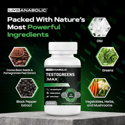 TestoGreens Max: Suplemento Diário de Cápsulas Verdes para Homens, Suporte Natural aos Hormônios Masculinos, Energia Aprimorada - Live Anabolic