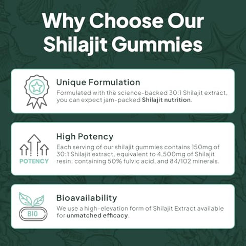 Organics Ocean - Shilajit para Homens e Mulheres – Suplemento Natural de Shilajit com Vitamina B12, Cromo e Selênio para Energia, Suporte Hormonal e Mais – 60 Gomas de Shilajit