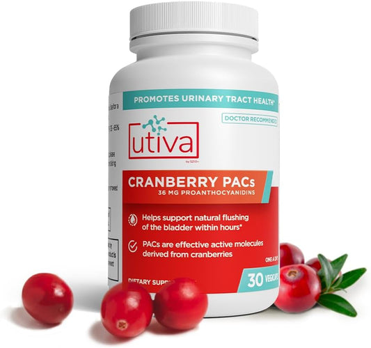 Szio+ - Utiva Cranberry PACs – Ingredientes Clinicamente Estudados 36mg PACs para Prevenção de ITU – Suplemento para Saúde do Trato Urinário para Mulheres e Homens – Comprimidos de Extrato de Cranberry para Bexiga – Marca Utiva