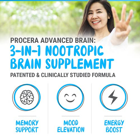 Procera - Advanced Brain – Ação Rápida – Ingredientes Apoiados por 100 Estudos – Melhora Memória, Recordação – Concentração – Clareza Mental – Retarda Declínio Cognitivo – 60 Unidades