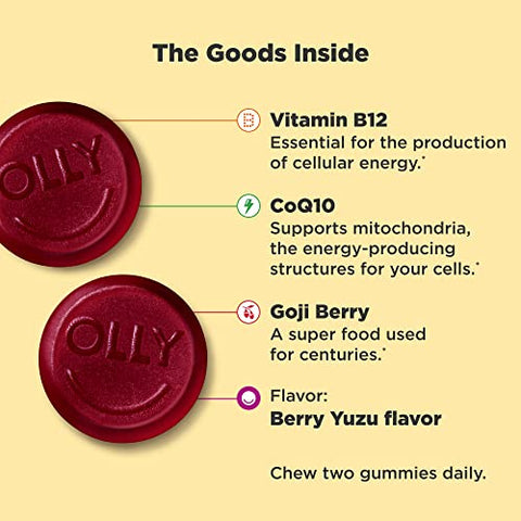 Gummy Extra Forte de Energia Diária, Sem Cafeína, 1000mcg de Vitamina B12, CoQ10, Goji Berry – 60 gomas - OLLY