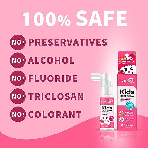 LAB 52 - LAB52 Kids Spray Oral, Auxiliar de Pasta de Dente para Crianças, Reparação de Cáries e Hálito Fresco, Anticárie Infantil sem Flúor para Recém-Nascidos a Pré-Escolares, Sabor Morango Xilitol