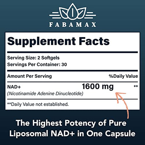 Fabamax - Suplemento Liposomal NAD 1600 mg, 98% Puro, Absorção Superior, Alternativa ao Nicotinamida Ribosídeo ou NADH para Impulsionar a Defesa do Envelhecimento, Energia, Longevidade – Marca em Destaque