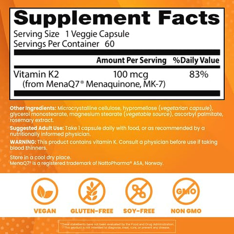 Doctor's BEST - Doctor’s Best Natural Vitamin K2 Mk-7 com MenaQ7, 100mcg – Suporte à Saúde Óssea, Não-OGM, 60 Cápsulas Vegetais