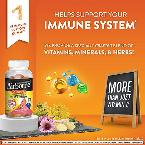 Gomas de Frutas Sortidas com Vitamina C 750mg (por Porção) – 63 Unidades em um Frasco – Suplemento Imunológico Livre de Glúten com Vitaminas C E, Selênio (Pack com 3) - Airborne