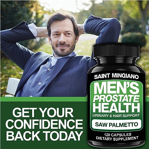 Saint Mingiano - Saúde da Próstata Masculina – 120 Cápsulas de Suplementos Avançados para Homens com Saw Palmetto, Apoiando a Função Urinária e a Saúde Capilar – Fornecimento de 3 Meses de Ervas Naturais