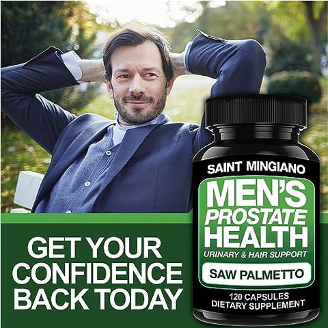 Saint Mingiano - Saúde da Próstata Masculina – 120 Cápsulas de Suplementos Avançados para Homens com Saw Palmetto, Apoiando a Função Urinária e a Saúde Capilar – Fornecimento de 3 Meses de Ervas Naturais