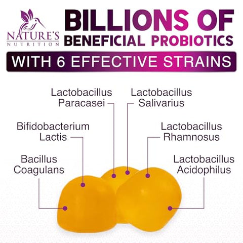 Nature's Nutrition - Gomas Probióticas para Saúde Digestiva, Probióticos Diários para Mulheres