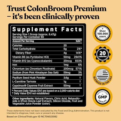 Premium – Suplemento para Gerenciamento de Peso (Morango) – Bebida em Pó de Fibra de Casca de Psyllium Colon Broom – Livre de Glúten, Não-OGM – Limpeza do Cólon para Alívio de Inchaço – 100g - ColonBroom