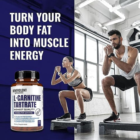 Benevolent Nourishment - Suplemento Premium de L-Carnitina Tartarato – 1500mg – Utilize Gordura como Energia com Tartarato, Ganho de Massa Muscular Magra, Aumente a Energia Natural, Suporte ao Metabolismo – Marca em Destaque