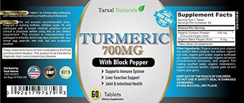 Tarsal Naturals - Cúrcuma 700 mg com Pimenta Preta Orgânica 60 Comprimidos Suporte para Ossos Articulações Ombros Costas Imunidade em Todo o Corpo Fabricado nos EUA Instalação Registrada pela FDA Sem Glúten