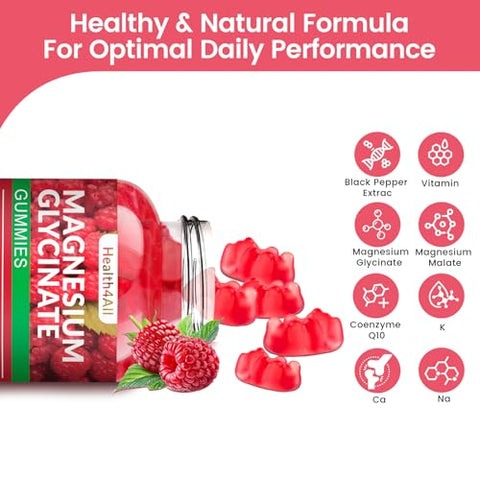 Health4All - Gomas de Magnésio Glicinato 1000mg, Alta Absorção Sem Açúcar, Suplemento de Magnésio e Potássio para Relaxamento, Alívio do Estresse e Suporte ao Sono para Adultos