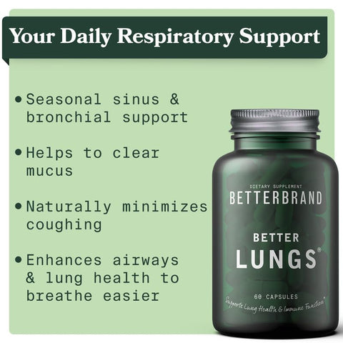 Suplemento diário para saúde respiratória Betterbrand BetterLungs | com Folha de Verbascum, Sabugueiro, Vitamina D, Ginseng e Cogumelo Reishi | Saúde Pulmonar, Alergia, Sinusite e Muco | 60 cápsulas de 500 mg