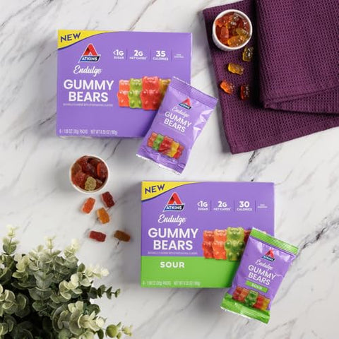 Novo Atkins Endulge Gummy Bears Pack Variado, Baixo Açúcar*, Amigo do Keto, Doces Keto, 18 Pack (12 Gummy Bears Doces, 6 Gummy Bears Azedos)