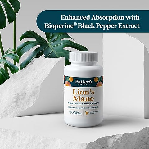 Suplemento Lion’s Mane Pattern Wellness – Cogumelo SuperFood para Saúde Cerebral – Cognitivo