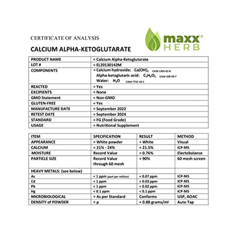 Calcium AKG em Pó – Cálcio Alpha – Ketoglutarato Puro (Ca-AKG), para Energia, Vitalidade, Foco Mental e Clareza – 100g - Maxx Herb