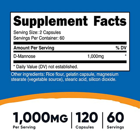 D-Mannose 500 mg – 120 Cápsulas (2 Frascos) – 1000mg Por Porção, Livre de Transgênicos e Glúten - Nutricost