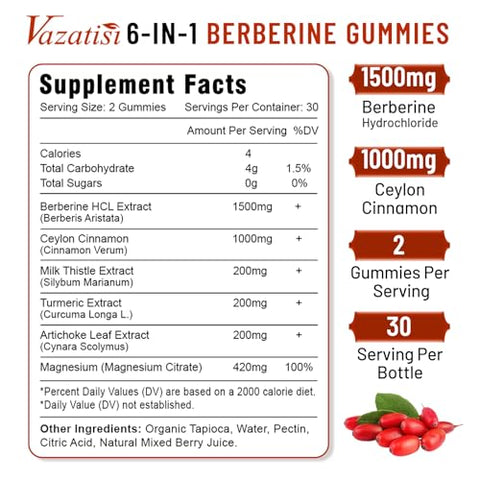 Vazatisi - Berberine Gummies 1500 mg – Canela Ceylon, Citrato de Magnésio, Cardo de Leite – Adultos e Crianças – Sabor de Frutas Vermelhas – 120 Cápsulas