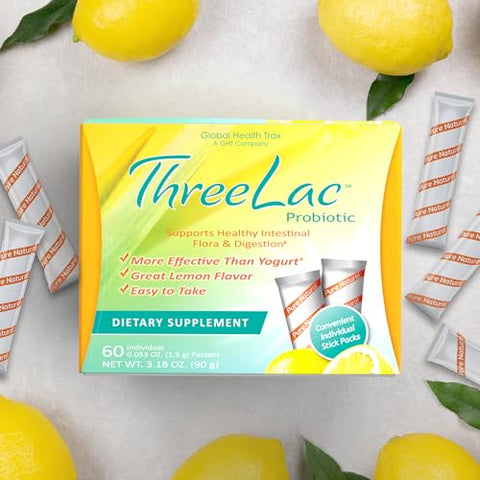Global Health Trax - GHT – ThreeLac Limão Mix de Bebida Probiótica para Saúde Digestiva – Fórmula Avançada em Pó Probiótico para Homens, Mulheres – 30g