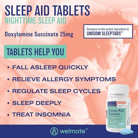 Doxylamine Succinate 25mg | Auxiliar de sono noturno | Seguro | Comprimidos de 25mg - WELMATE