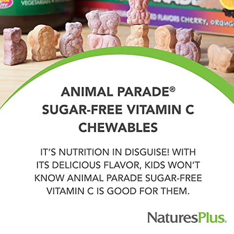 Animal Parade Vitamina C Infantil Sem Açúcar, Sabor Natural de Suco de Laranja – 90 Comprimidos Mastigáveis em Formato de Animais – Suporte Imunológico – Livre de Glúten – 45 Porções - Natures Plus