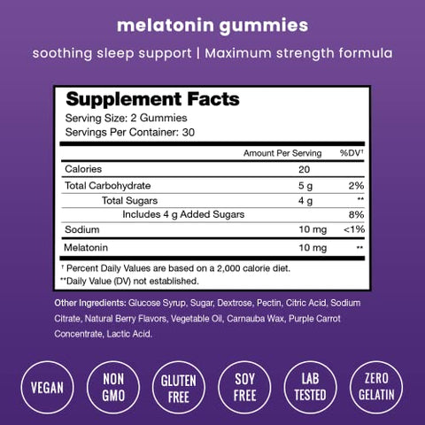NutraChamps - (2-Pack) Gomas de Melatonina para Adultos | Suplemento de Sono Extra Forte | Dose de 5mg ou 10mg | Sabor Natural de Morango Vegano | Melhora o Sono e Ciclos Saudáveis