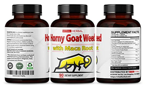 Cápsulas de Horny Goat Weed Equivalente a 8250mg de Força Máxima com Raiz de Maca Tribulus Ashwagandha Tongkat Ali Panax Ginseng para Homens e Mulheres, Aumenta a Energia (90 Unidades) - VITAL HERBAL