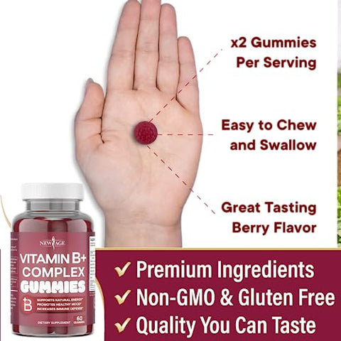 Gomas de Vitaminas do Complexo B NEW AGE com Vitamina B3, B5, B6, B7, B9 – Suplemento para Energia e Saúde