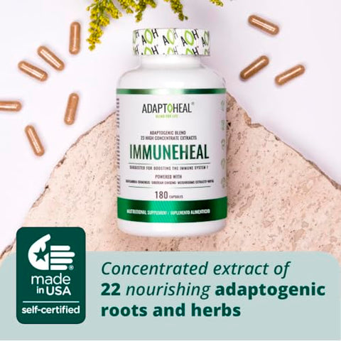 ADAPTOHEAL - Immuneheal – Adaptogen, Reforço do Sistema Imunológico com Schisandra Chinensis, Ginseng e Extrato de Cogumelo (180 Cápsulas)