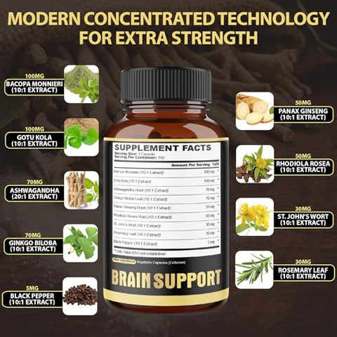 agobi - Suplemento de Suporte Cerebral 9 em 1 5750 Mg – Com Ashwagandha, Ginseng Panax, Gotu Kola, Ginkgo Biloba, Pimenta Preta