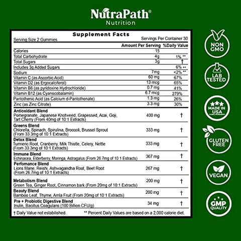 NutraPath - Superfood Daily Greens Gummies – Frutas, Vegetais e Super Alimentos para Imunidade e Energia – 60 Gummies