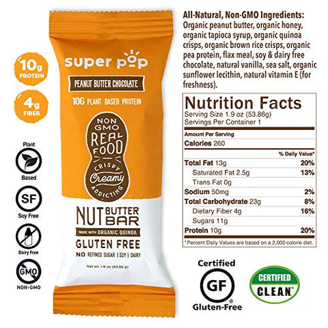 Barras de Proteína Vegetal Clean, Sabor Manteiga de Amendoim, Orgânicas e Saudáveis, Baixo Teor de Açúcar, Sem Álcoois Açucarados, Livre de Glúten e Lactose, 10g de Proteína, Amendoim - Super Pop Snacks