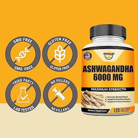 Happi Mi Nutrition - Extrato de Raiz de Ashwagandha 6000mg por Porção, com Pimenta Preta para Melhor Absorção, Energia, Função Cognitiva, Suporte Imunológico