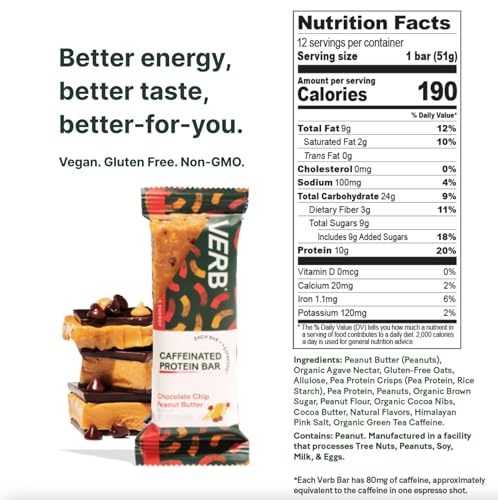 Verb Caffeinated Energy Bar - Verb Energy – Barra de Proteína Energética com Cafeína de Manteiga de Amendoim e Chocolate Chip – 10g de Proteína, 6g de Açúcar, 190 Calorias – Snacks Veganos – Barras de Café da Manhã sem Glúten com Chá Verde Orgânico