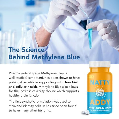 Natty Addy - Suporte Máximo para o Cérebro – Azul de Metileno, Cafeína e L-Teanina – 60 cápsulas – Marca Brain Support